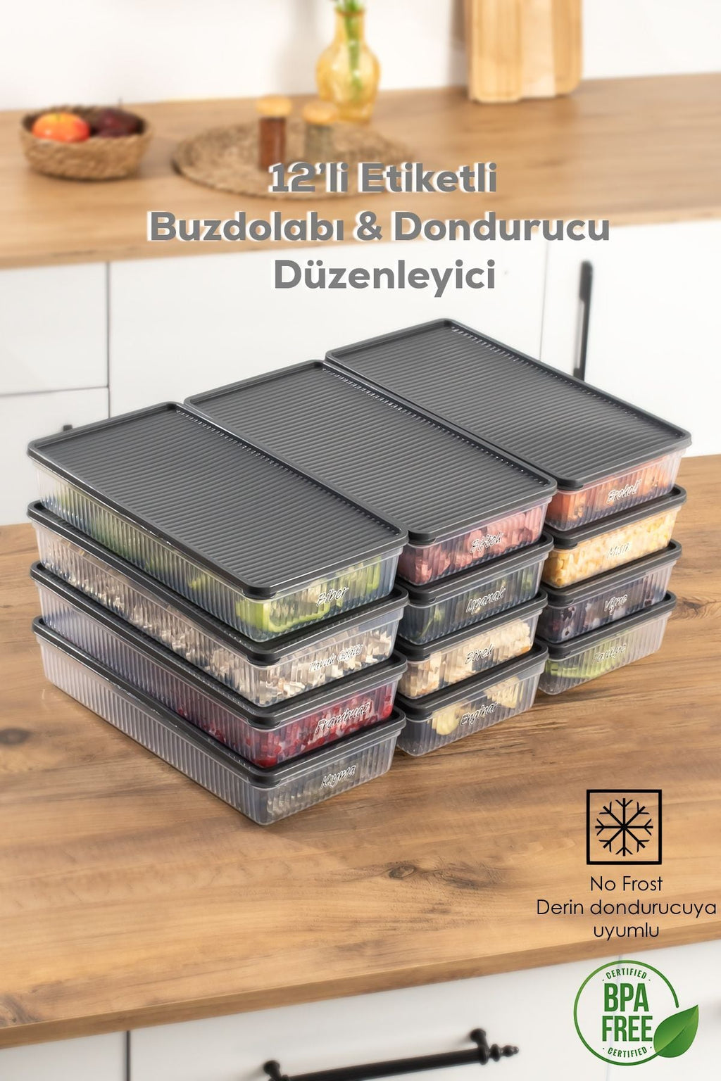 12li Etiketli Buzdolabı Organizer Mikrodalga Ve Derin Dondurucuya Uygun Buzluk Saklama Kabı-2lt