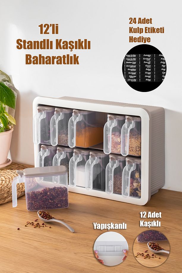 12'li Standlı,Yapışkanlı,Kaşıklı,Kapaklı Baharatlık Saklama Kabı Seti